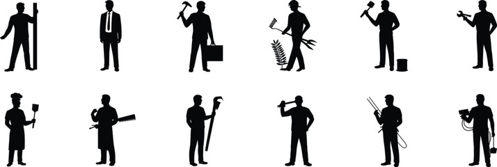Profession silhouette illustration set featuring diverse skilled workers with tools and attire for career, labor, and educational themes.