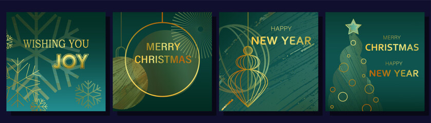 Christmas tree, ornaments, and a snowflake with gold foil and texture on a dark green background. Illustration design for covers, prints, posters, and advertising. Vector
