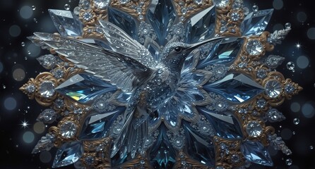 Obraz premium intricate hummingbird with dew drops flying amidst a sparkling crystal floral mandala on a dark background.