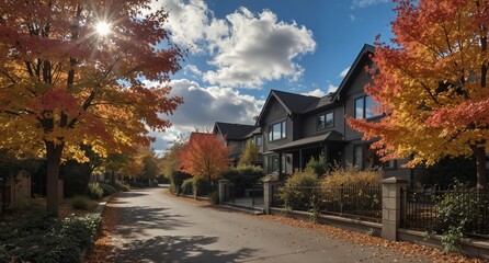 Obraz premium autumn street scene with colorful foliage and upscale homes on a clear day.