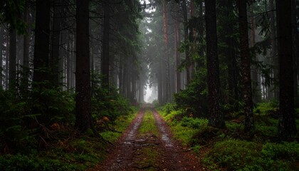Fototapeta premium Serene forest path flanked by tall coniferous trees and lush mossy undergrowth, light filtering through canopy, inviting exploration into tranquil natural setting.