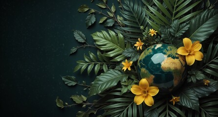 world globe surrounded by lush tropical leaves and vibrant yellow flowers on dark background
