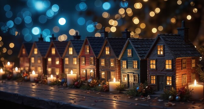 cozy christmas village illuminated by candlelight with bokeh lights in the background. - Powered by Adobe