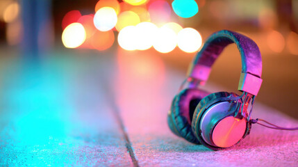 Headphones resting on sidewalk at night with colorful lights in background
