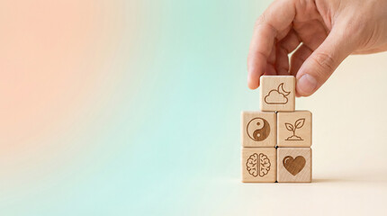 Holistic Wellness Concept, Hand Stacking Wooden Blocks with Symbols for Mental Health, Balance, and Personal Growth