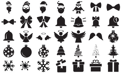 Christmas holiday icon set in black silhouettes. Festive black silhouette icons featuring Christmas symbols such as presents, ornaments, trees, angels, snowflakes, and Santa-themed elements.
