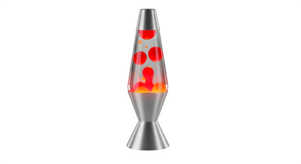 Classic lava lamp with red wax bubbles moving, isolated on transparent background