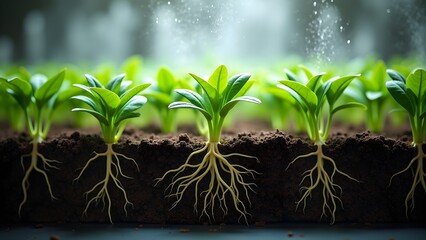 Cross-Section of Plant Root Growth in Aeroponic Setup with Mist Heads