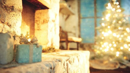 Obraz premium Cozy setting with fireplace decorations and lit Christmas tree in room
