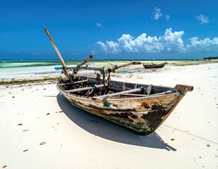 Fototapeta premium Old, beached fishing boat on white sand, turquoise ocean