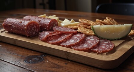 charcuterie board with sliced salami, cheese, crackers and melon on a wooden cutting board.