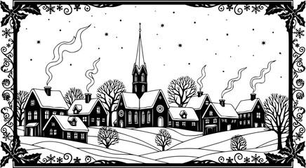 Snowy Christmas Village at Night Winter Scene Black Shape Vector Laser Cutting Engraving Monochrome Print. 
