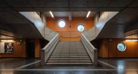 modern brutalist staircase interior with wooden wall accents and circular windows in a public building.