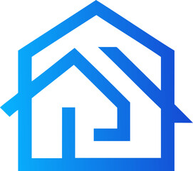 Modern Blue Geometric House Logo with Open Door and Dynamic Swoosh Design
