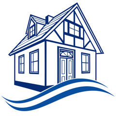 Modern Blue Geometric House Logo with Open Door and Dynamic Swoosh Design