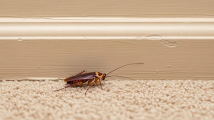 Close-up of cockroach on carpet near baseboard in home interior