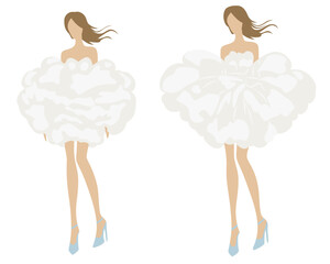 Stylish collection of modern white dresses and evening gowns for women, featuring diverse silhouettes and airy, flowing fabric