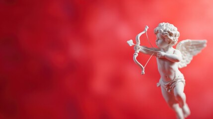 Naklejka premium Sculpture of small angel with bow on red background during daylight