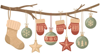 Cozy knitted Christmas stocking, mittens, ornaments, and stars artfully arranged on a rustic branch, evoking festive holiday cheer and winter warmth.