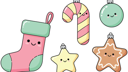 Adorable Kawaii Christmas ornaments featuring a stocking, candy cane, bauble, and star cookie bringing festive cheer