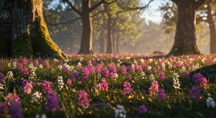 Obraz premium Vibrant wildflowers carpet the sunny floor of an ancient woodland setting
