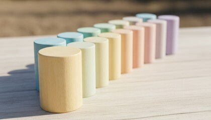 A soft row of pastel colored chalk cylinders arranged on a wooden surface, perfect for artistic expression and learning.
