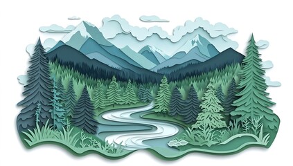 This is an illustration of a mountain forest scene, with green trees and mountains in the background. There's a river flowing through it, surrounded by pine forests on both sides