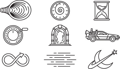Time travel and fantasy outline icons including hourglass infinity portal delorean