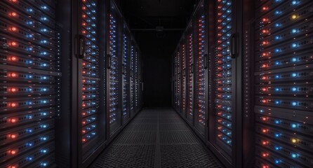 data center server room with glowing blue and red lights in a long corridor, technology infrastructure concept.