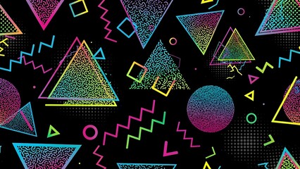 Vibrant retro 80s and 90s style geometric pattern with neon gradient shapes on a dark background.