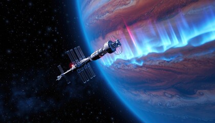 Advanced spacecraft exploring aurora on distant gas giant planet in cosmic expanse