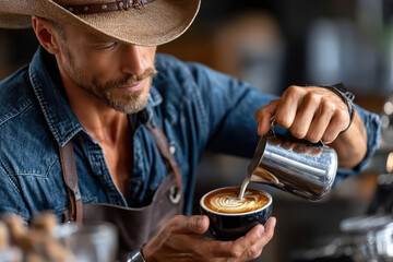Barista prepares latte art with precision in rustic coffee shop setting