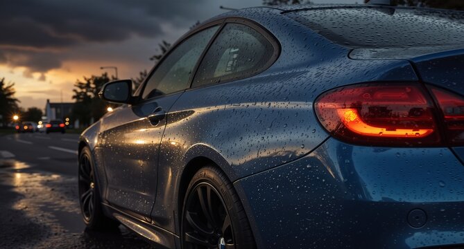 wet blue sports car parked on a road at dusk with glowing city lights in the background. - Powered by Adobe