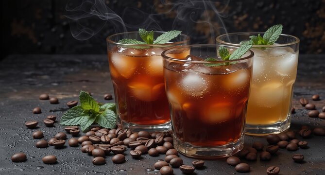 refreshing iced coffee drinks with coffee beans and mint garnish on a dark rustic surface. - Powered by Adobe