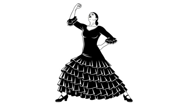Stunning flamenco dancer strikes a passionate pose with powerful arm gesture in dramatic black and white style