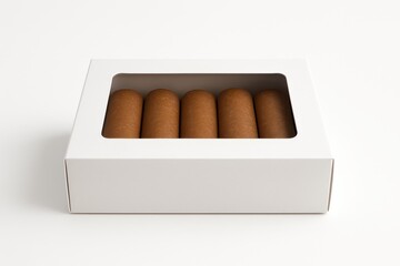 Sweet Treats Showcase: A pristine package features an array of delectable, cylindrical treats, enticing viewers with its simple and refined design. 