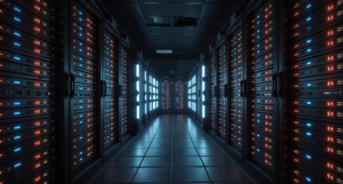 a long corridor of illuminated server racks in a modern data center with glowing blue and orange lights. - Powered by Adobe