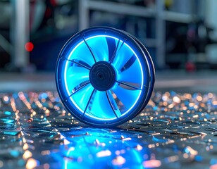 A lit-up blue computer fan sits on a reflective surface, with a blurred industrial background