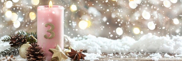  Burning pink candle of Joy for Third Advent Sunday with snow, horizontal web header background with copyspace