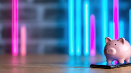 Piggy bank sits on smartphone with colorful lights in the background