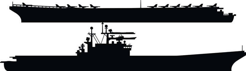Aircraft carrier silhouette comparison, black naval icons, flat deck and radar superstructure profiles, military vessel design evolution concept art © Akaza