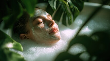 A woman enjoys a bath with bubbles while applying a face mask. Green plants surround her, creating a natural atmosphere during her self-care time at home