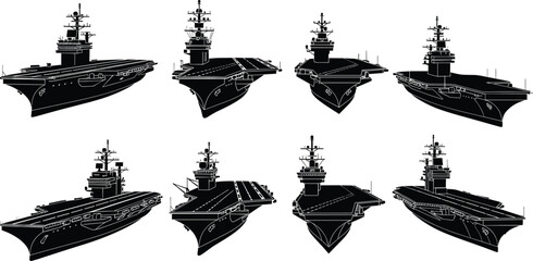 Aircraft carrier silhouette set, naval vessel views, black and white illustration, military ship design, deck structure, radar tower, maritime concept art © MEHEDI