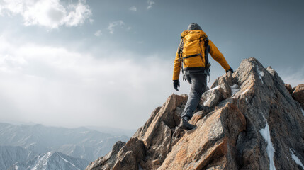 An adventurer with a yellow backpack climbs a rocky mountain peak against a backdrop of snow capped mountains and cloudy sky on a challenging outdoor expedition.