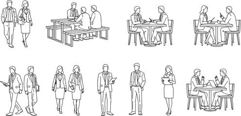 Business interaction illustration set, professional attire scenes, workplace meetings, mobile device use, walking and sitting poses, black and white corporate concept art