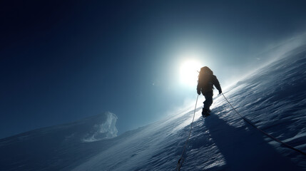 A lone mountaineer ascends a snow-covered mountain face illuminated by the sun, pulling themselves up the steep slope with ropes and reaching for the summit.