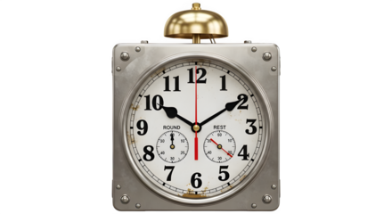 Vintage square alarm clock with bell, industrial style, isolated on transparent background