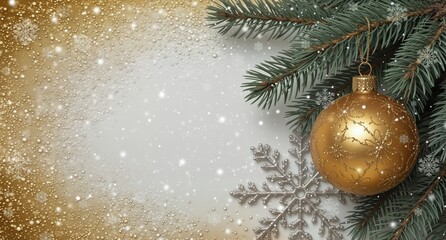 festive christmas background with golden ornament, silver snowflakes and evergreen branch for holiday season greetings or winter celebrations.