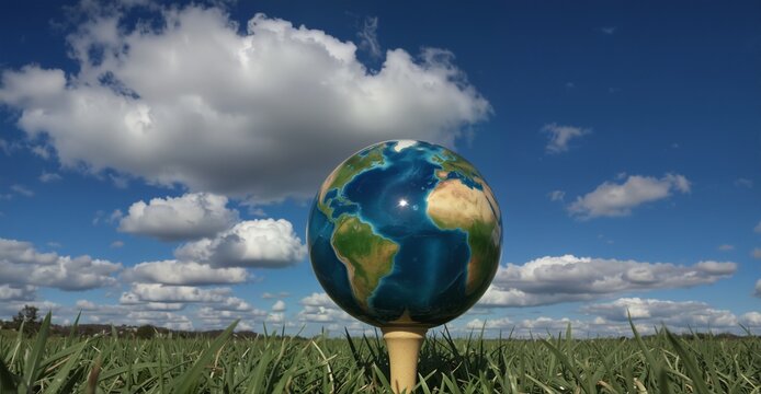 globe on a golf tee against a blue sky with fluffy clouds, representing environmental sustainability and global connection. - Powered by Adobe