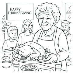 Happy Thanksgiving Family Dinner Coloring Page with Grandmother and Turkey